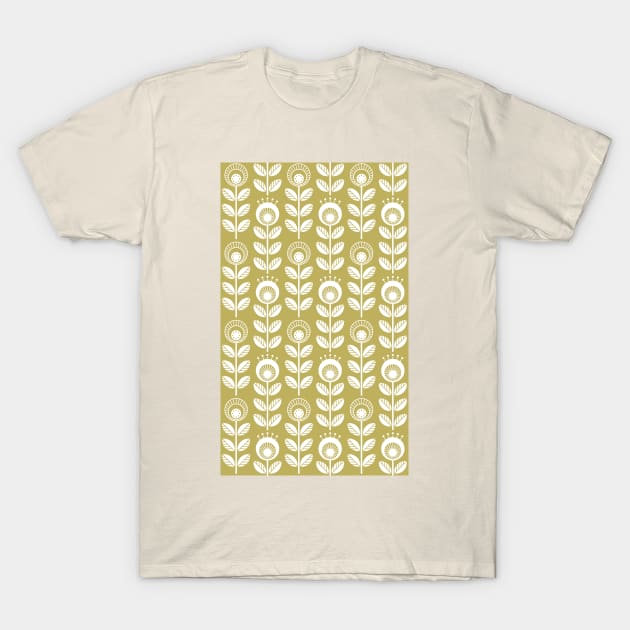 SCANDI GARDEN 01-4, white on mustard yellow T-Shirt by Slanapotam